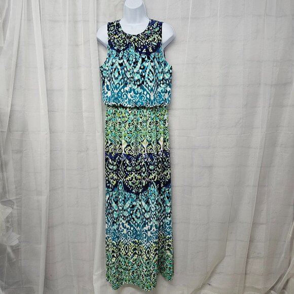 London Times Blue Green Sleeveless Maxi Dress Boho Blouson Festival 10 - Picture 1 of 12